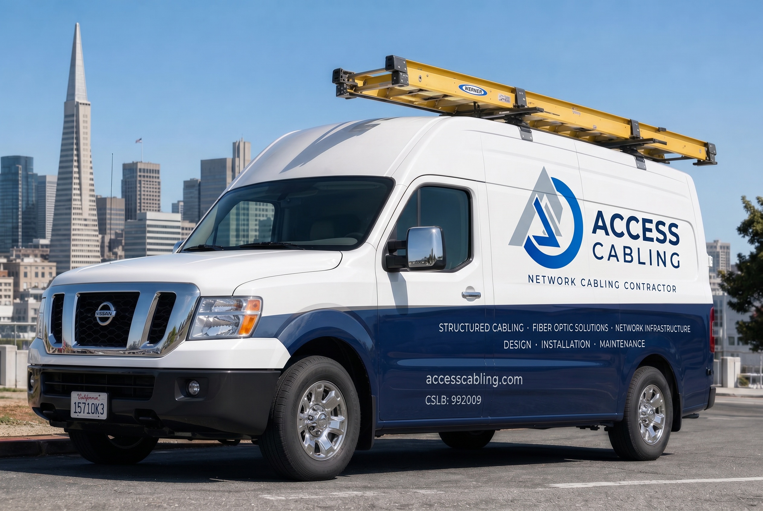 Access Cabling branded Nissan NV service van in front of the San Francisco skyline