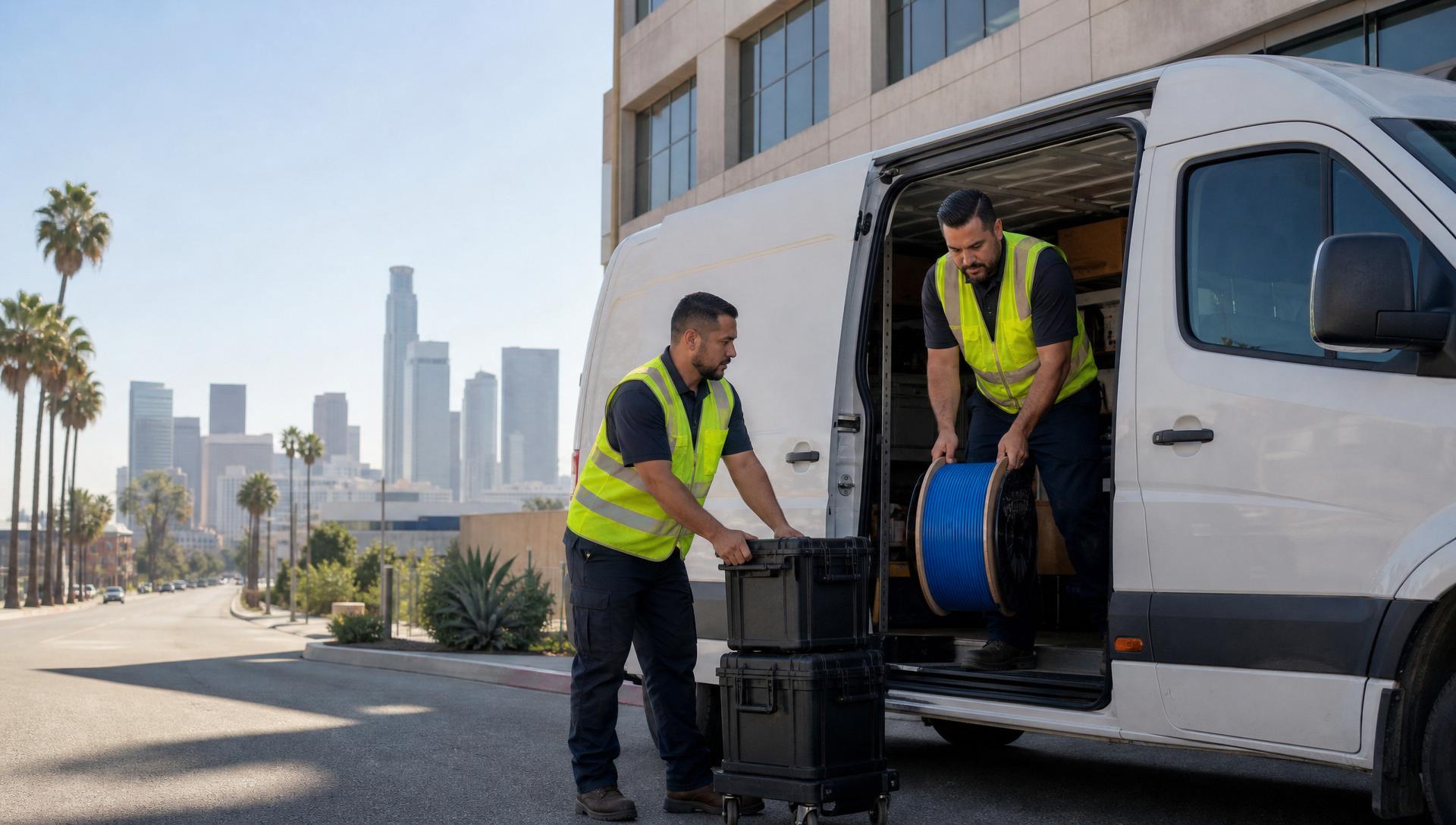 Access Cabling technicians unloading commercial cabling equipment from a service van with the Los Angeles skyline in the background.