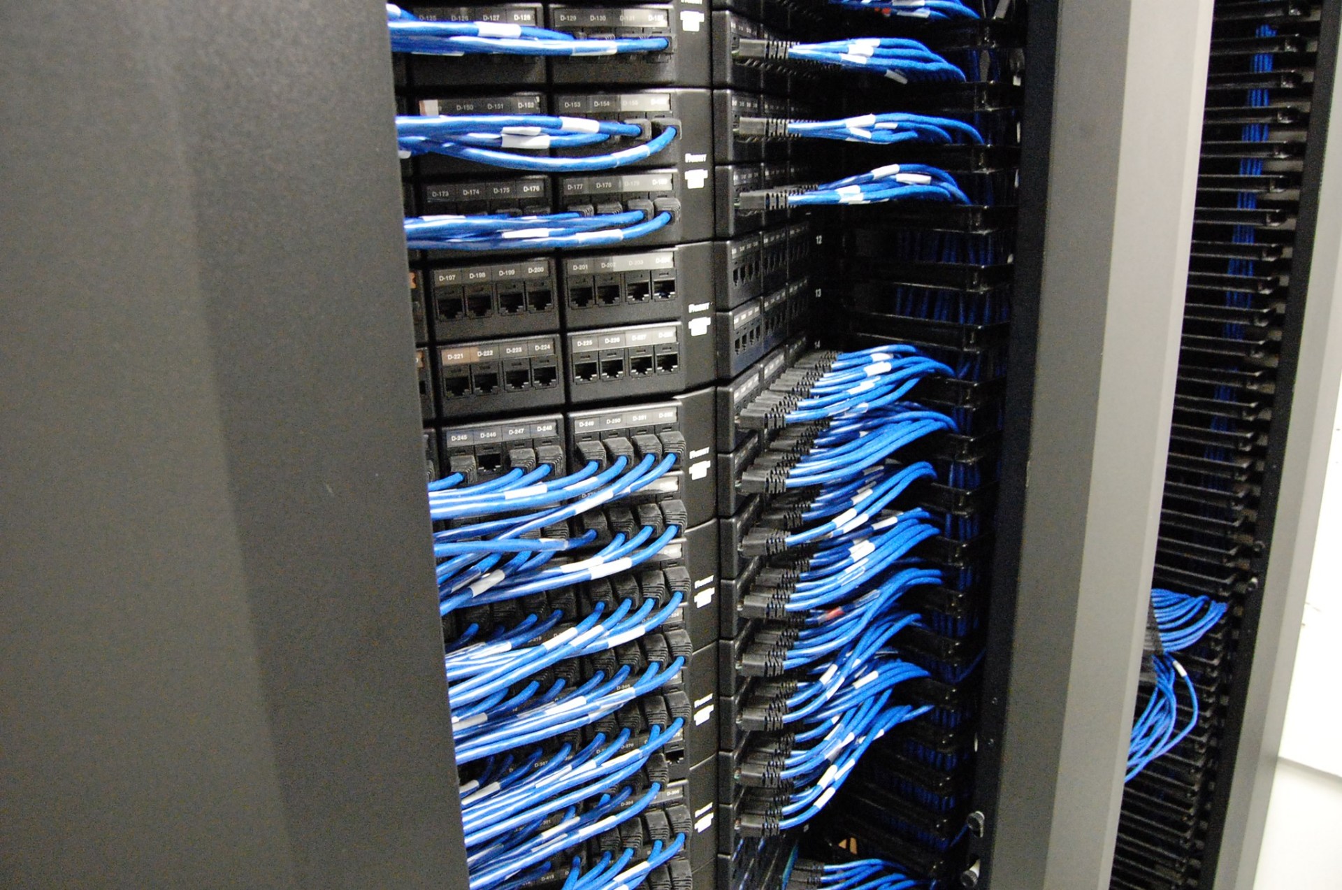 Labeled Cat6A patch panels with dense blue patch-cord field in a commercial network rack.
