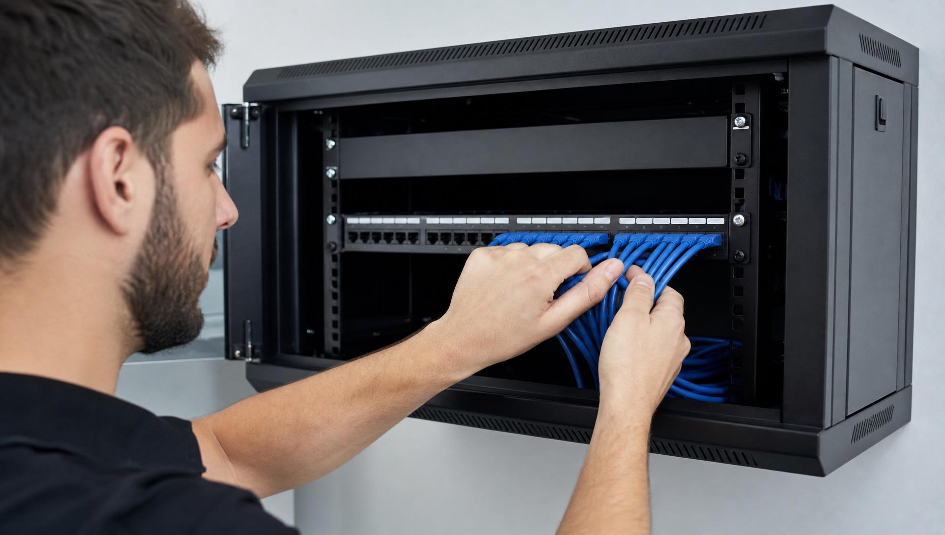 Access Cabling technician terminating Cat6 cables into a 48-port patch panel in a commercial IDF.